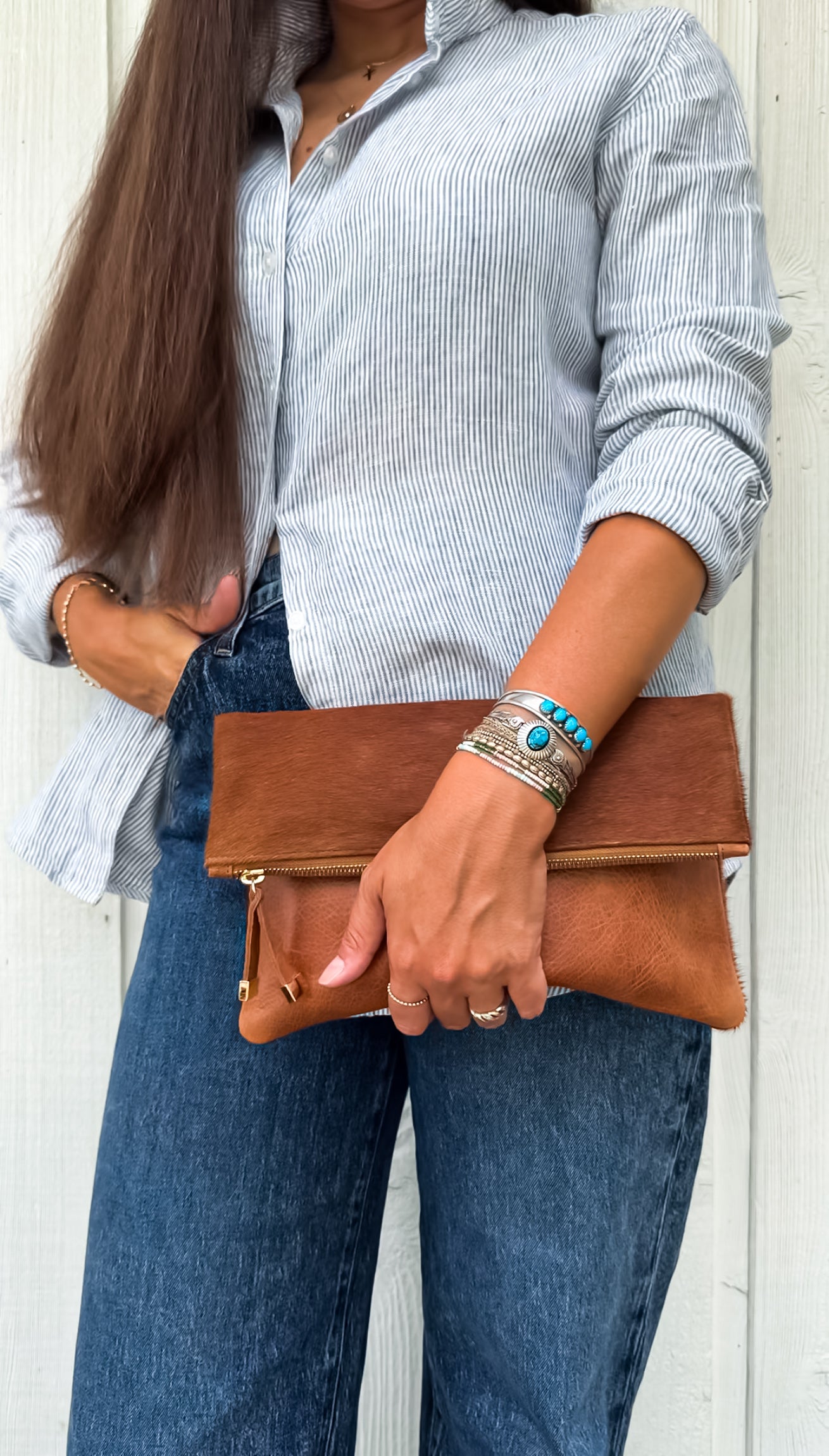 BROOKLYN FOLDOVER | TAN and WHITE CALF HAIR