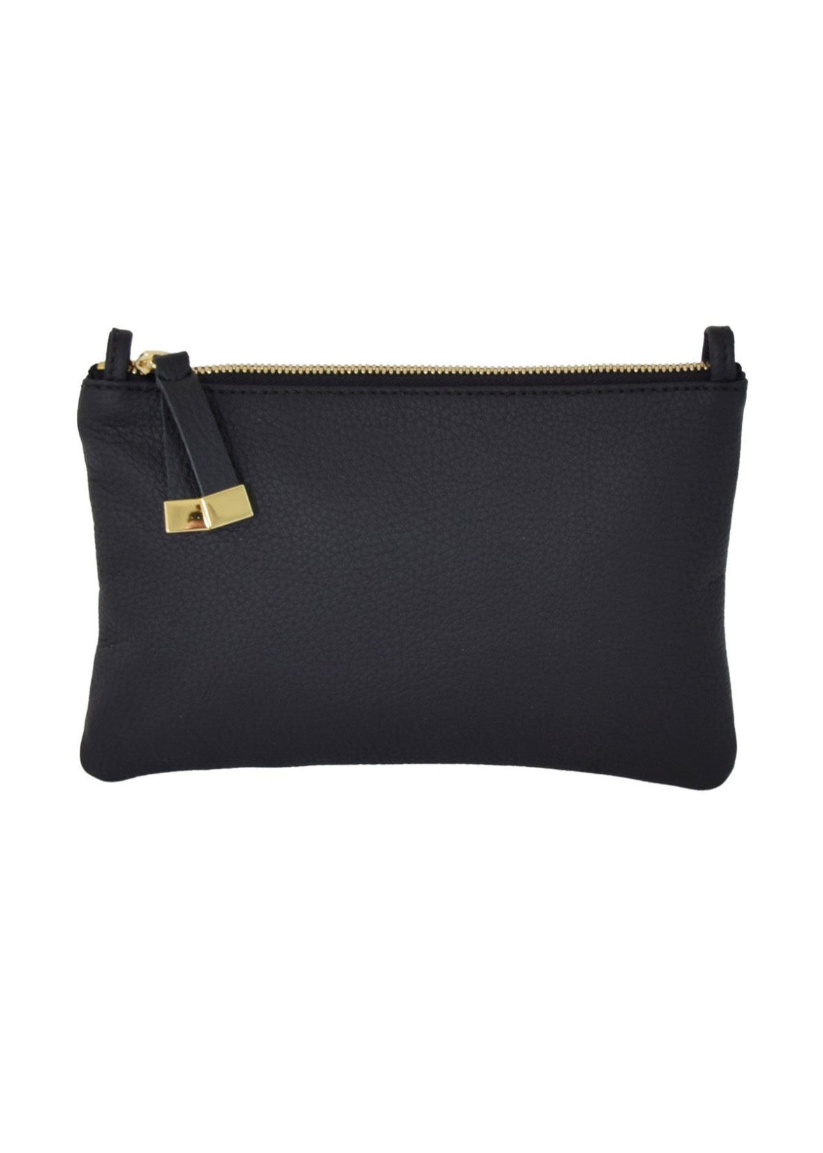 Black pouch with a gold zipper on a white background