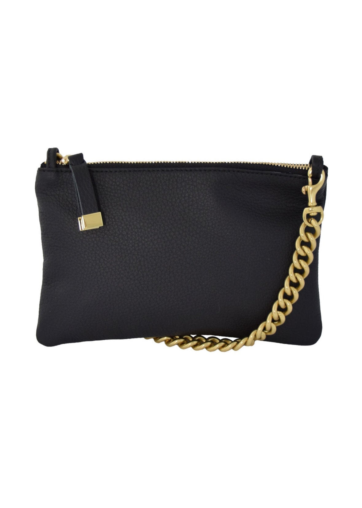 Black clutch bag with a gold chain strap on a white background