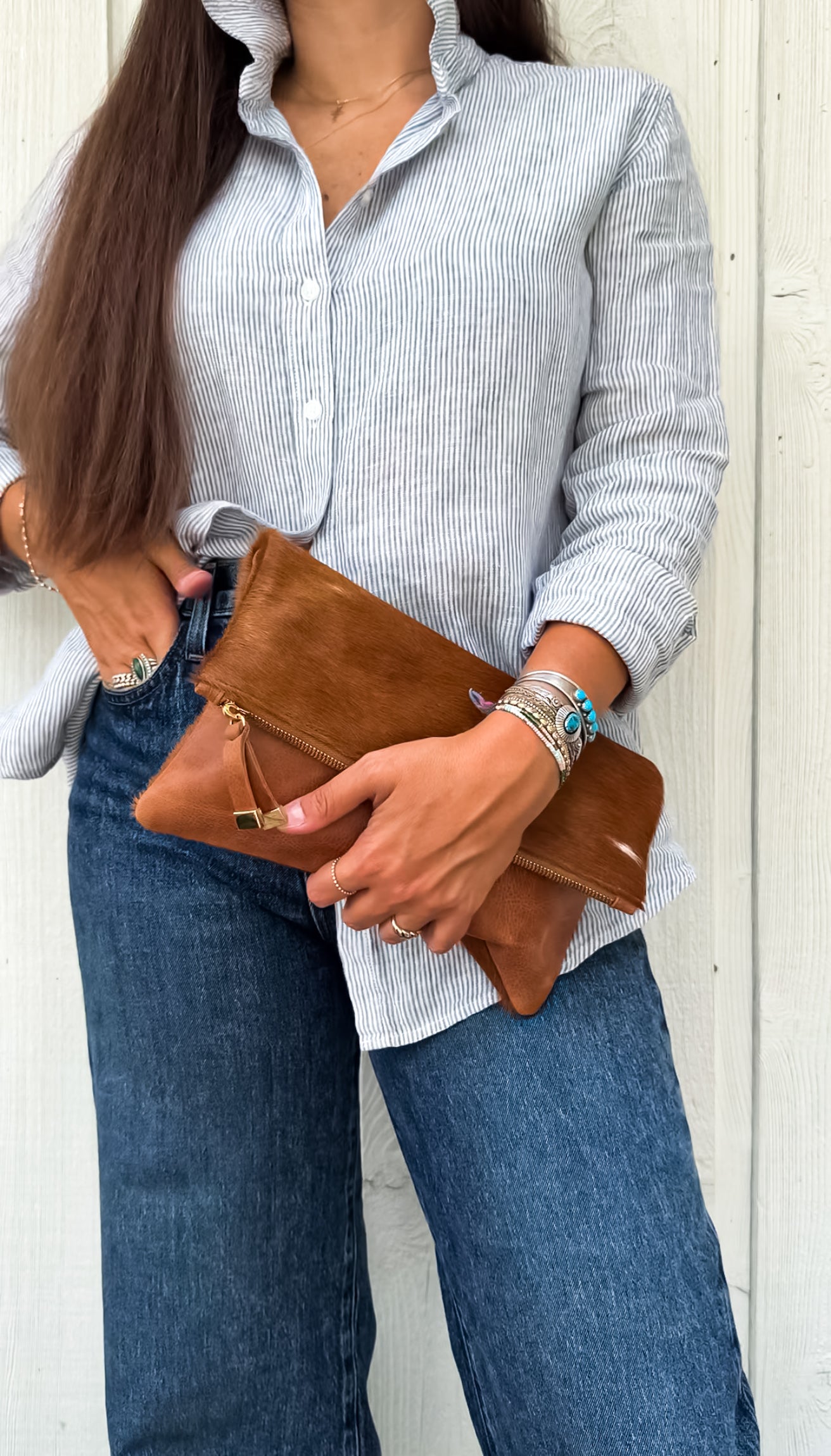 BROOKLYN FOLDOVER | TAN and WHITE CALF HAIR