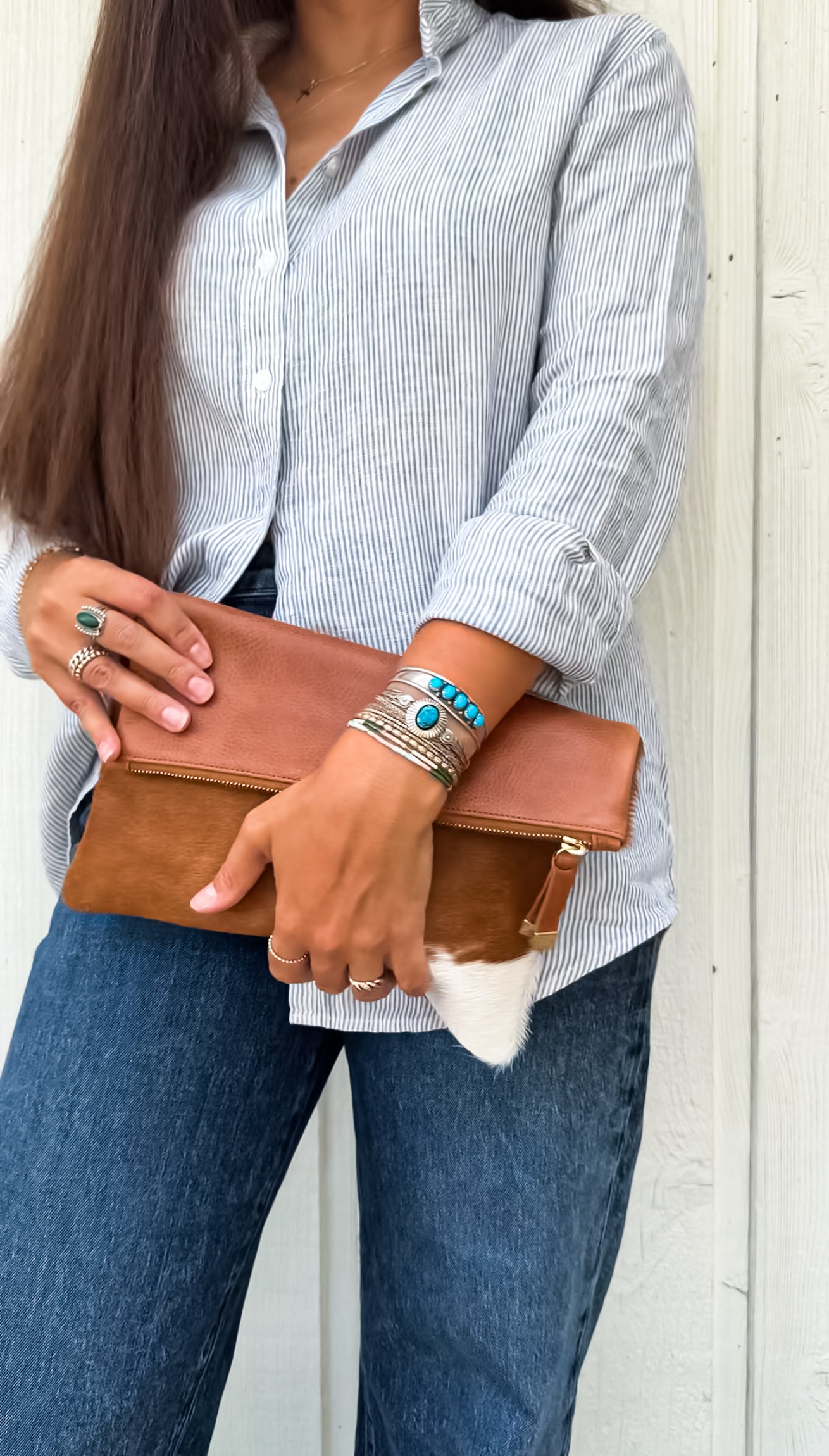 BROOKLYN FOLDOVER | TAN and WHITE CALF HAIR