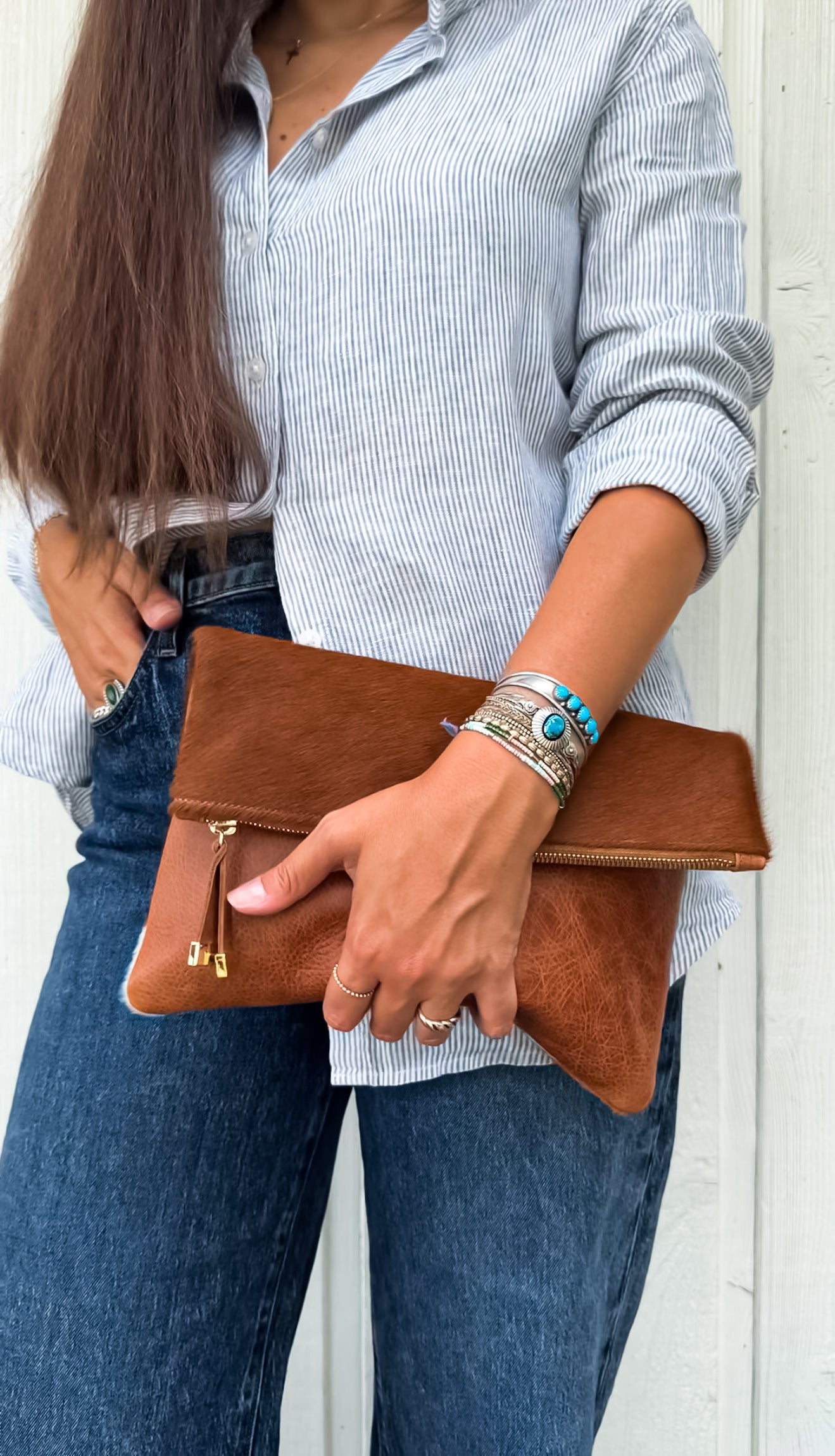 BROOKLYN FOLDOVER | TAN and WHITE CALF HAIR