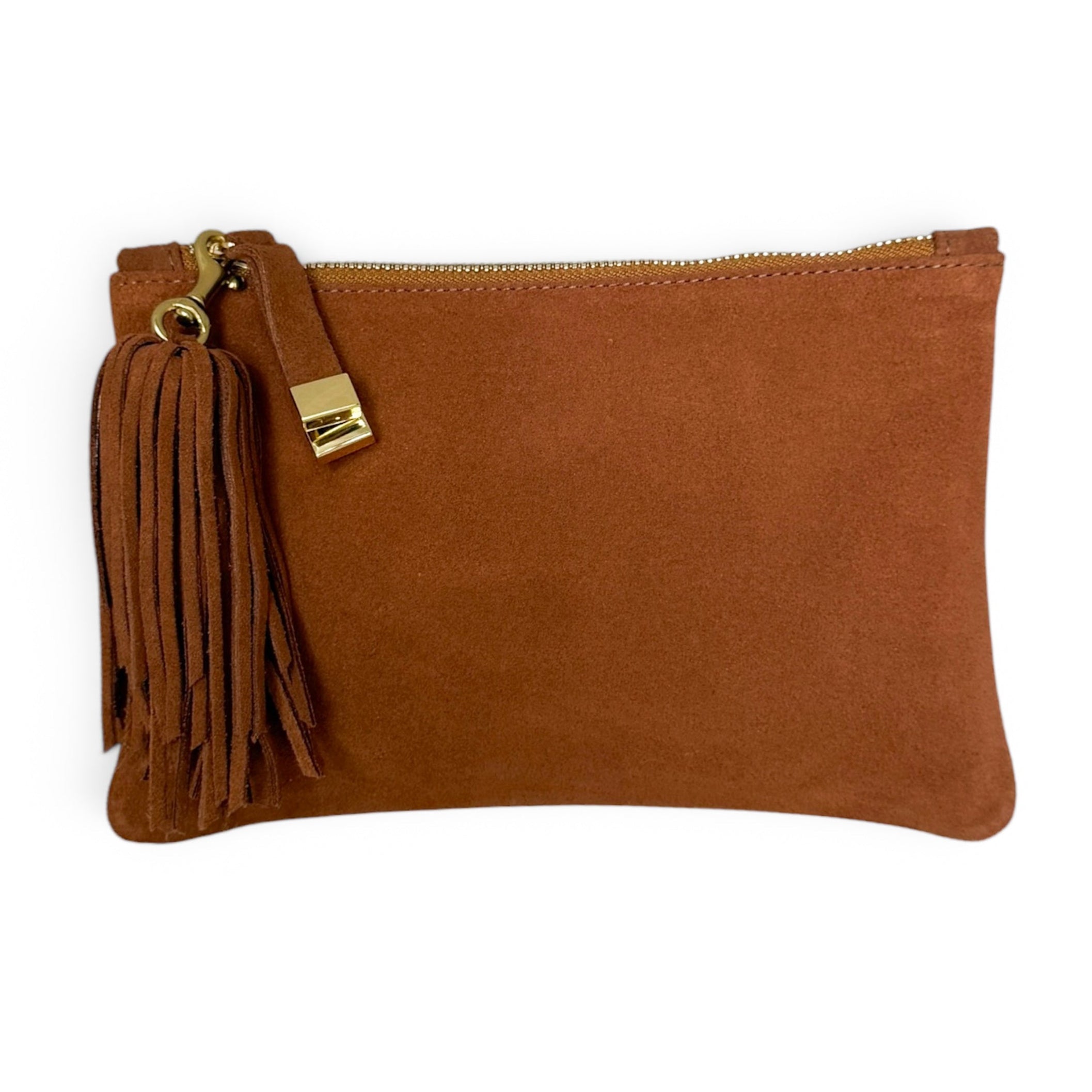 A brown suede clutch pouch with a gold-tone zipper, a matching brown leather tassel charm, and a small gold brand tag, shown on a plain white background.