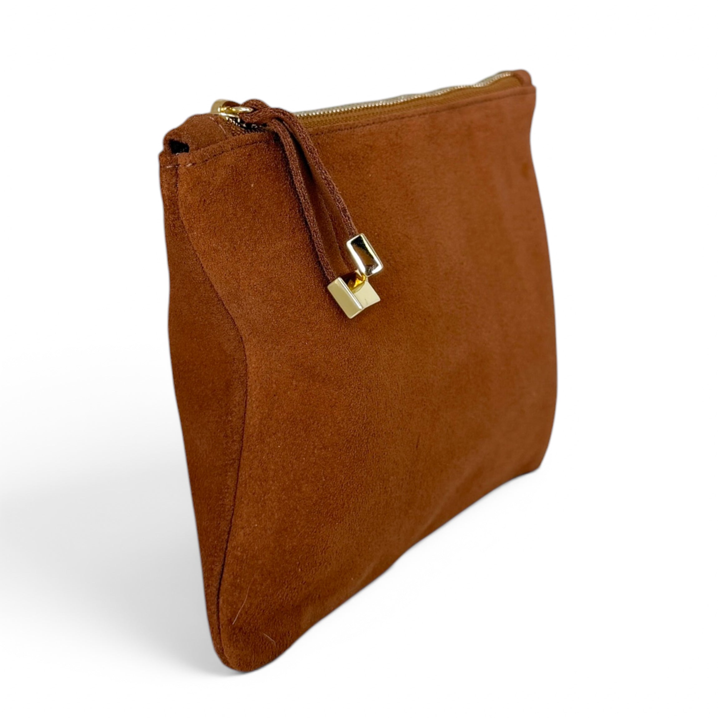 A brown suede pouch with a gold zipper and a small gold padlock charm, shown on a white background.
