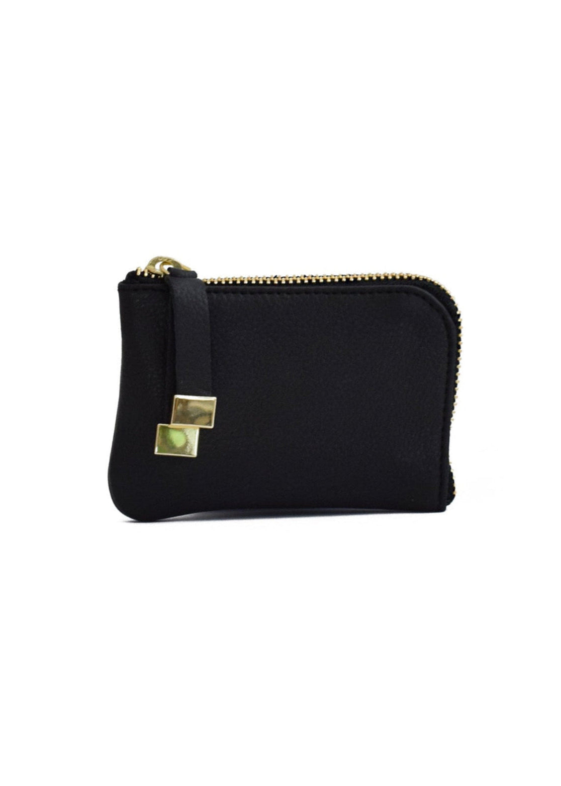 Black pouch with gold zipper on a white background