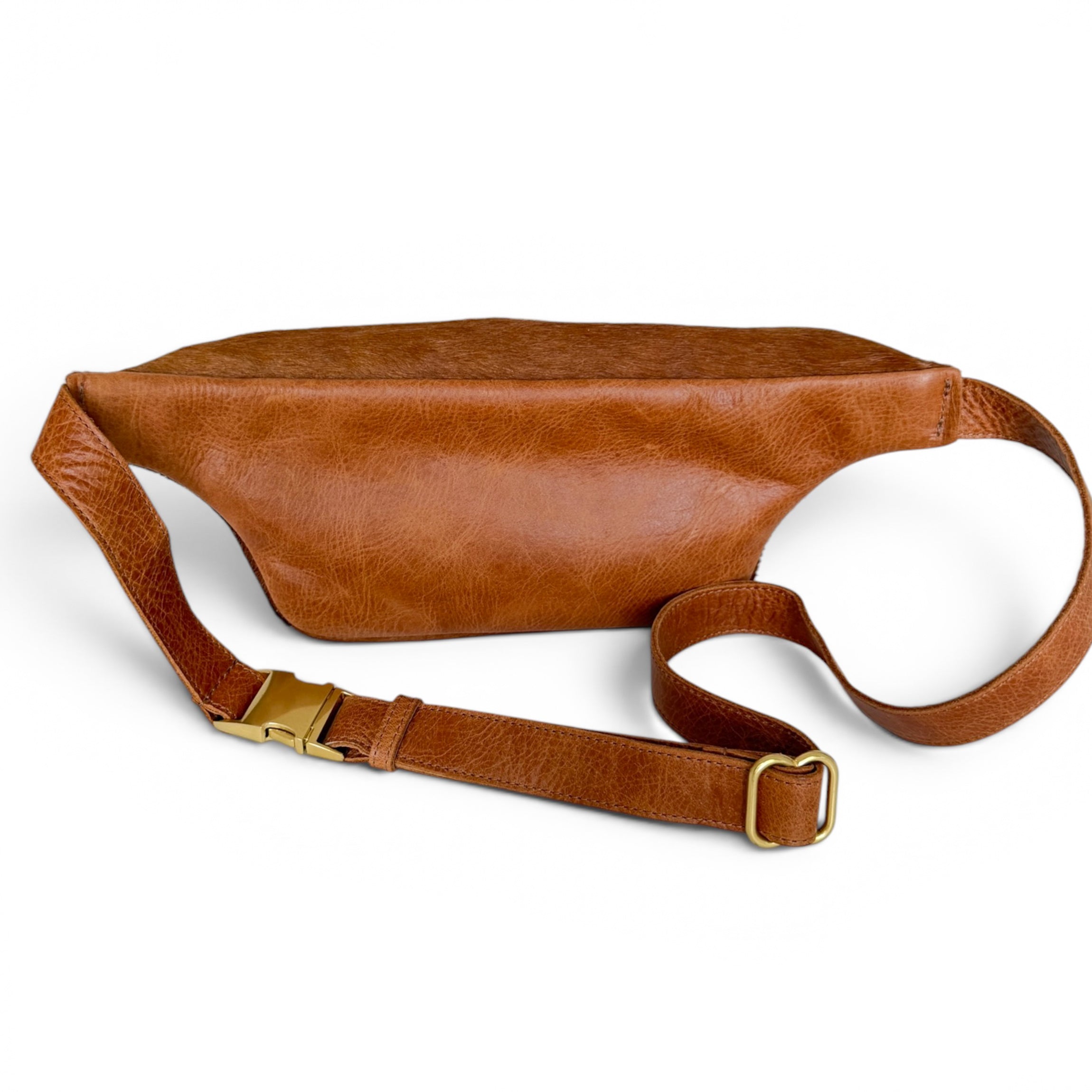 A brown leather fanny pack with a matching adjustable strap and gold-tone metal hardware, displayed on a clean white background.