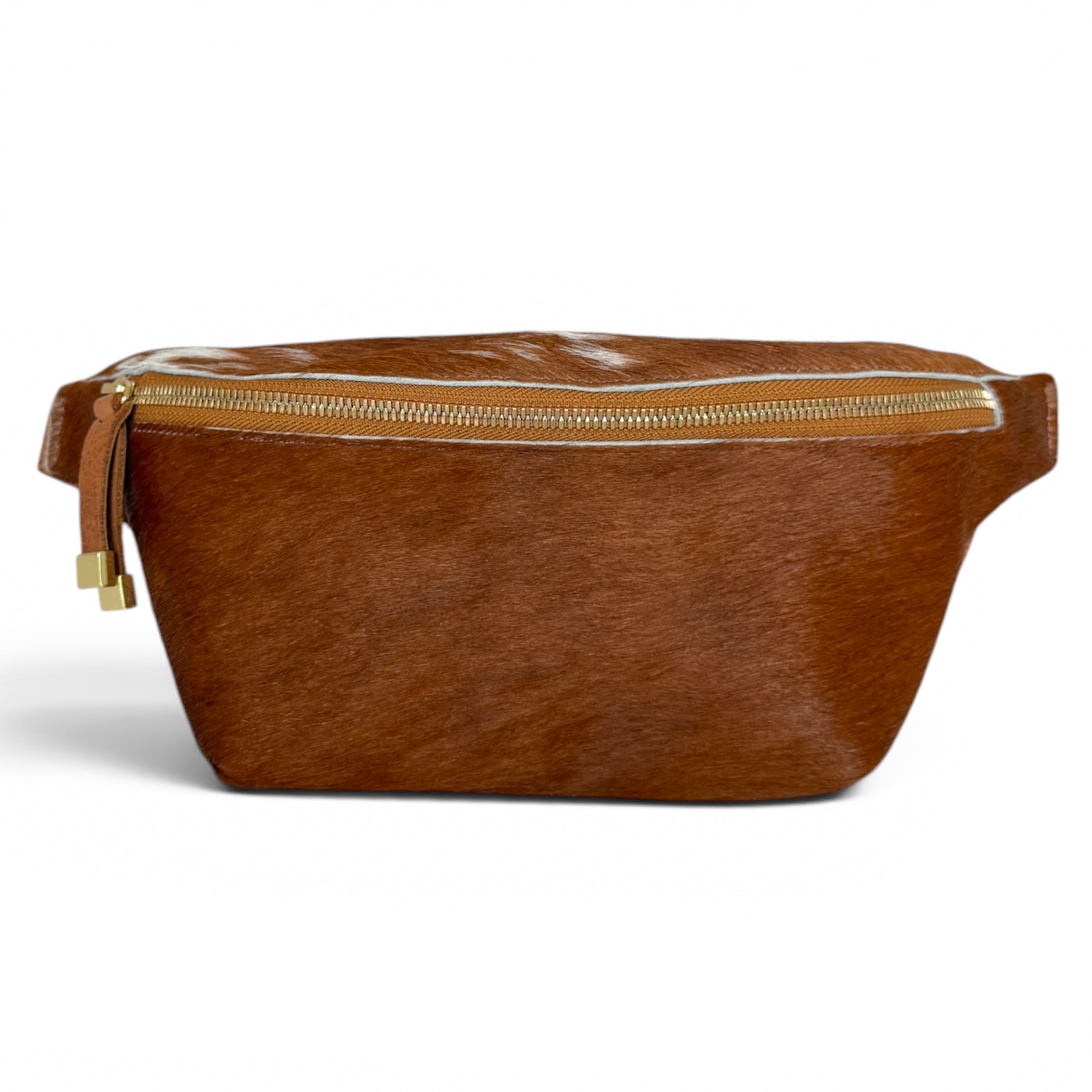 A brown textured faux-hair fanny pack with a gold-tone zipper and matching gold tassel pull, shown on a plain white background.