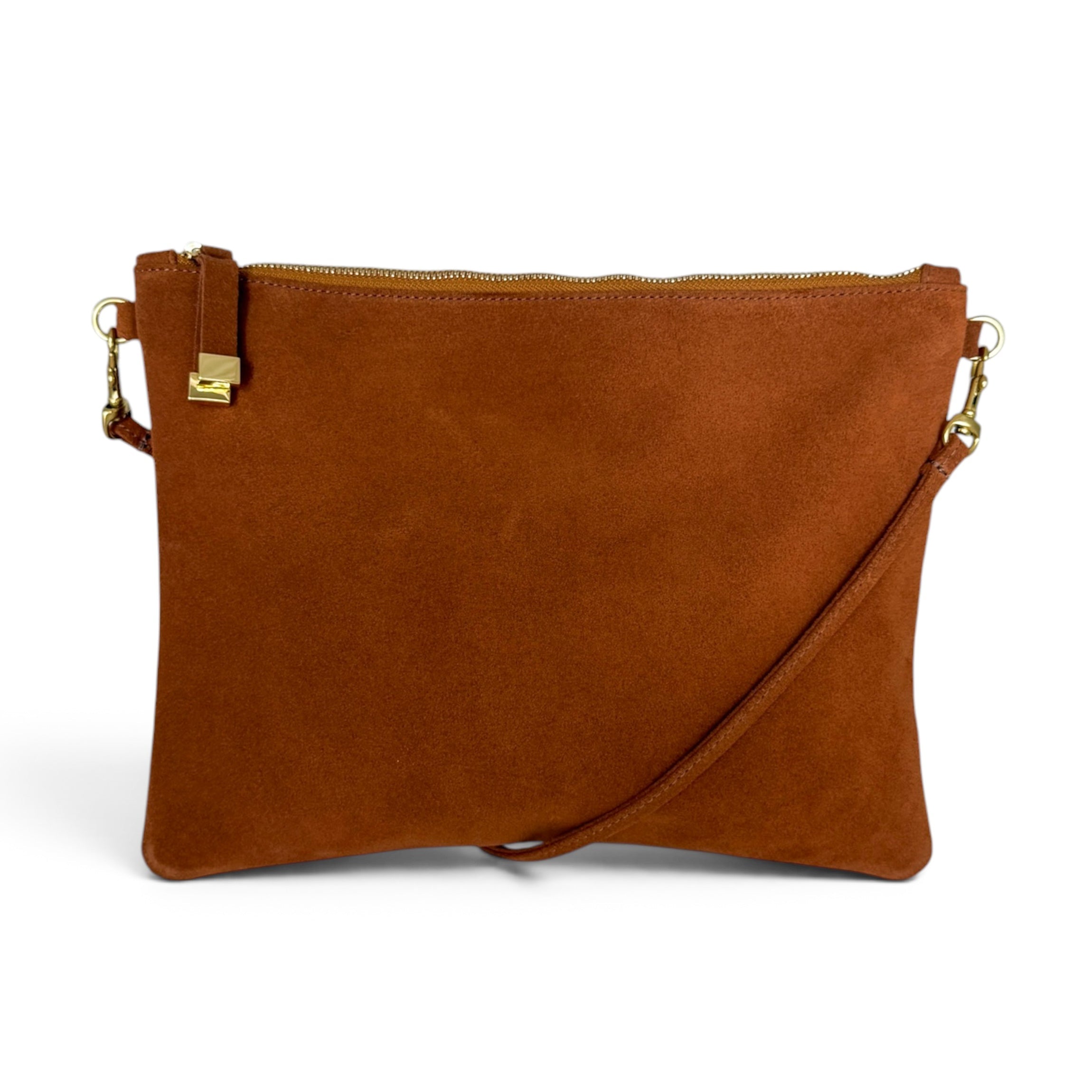 A brown suede crossbody clutch bag with gold-tone hardware and a matching brown strap, shown on a plain white background.
