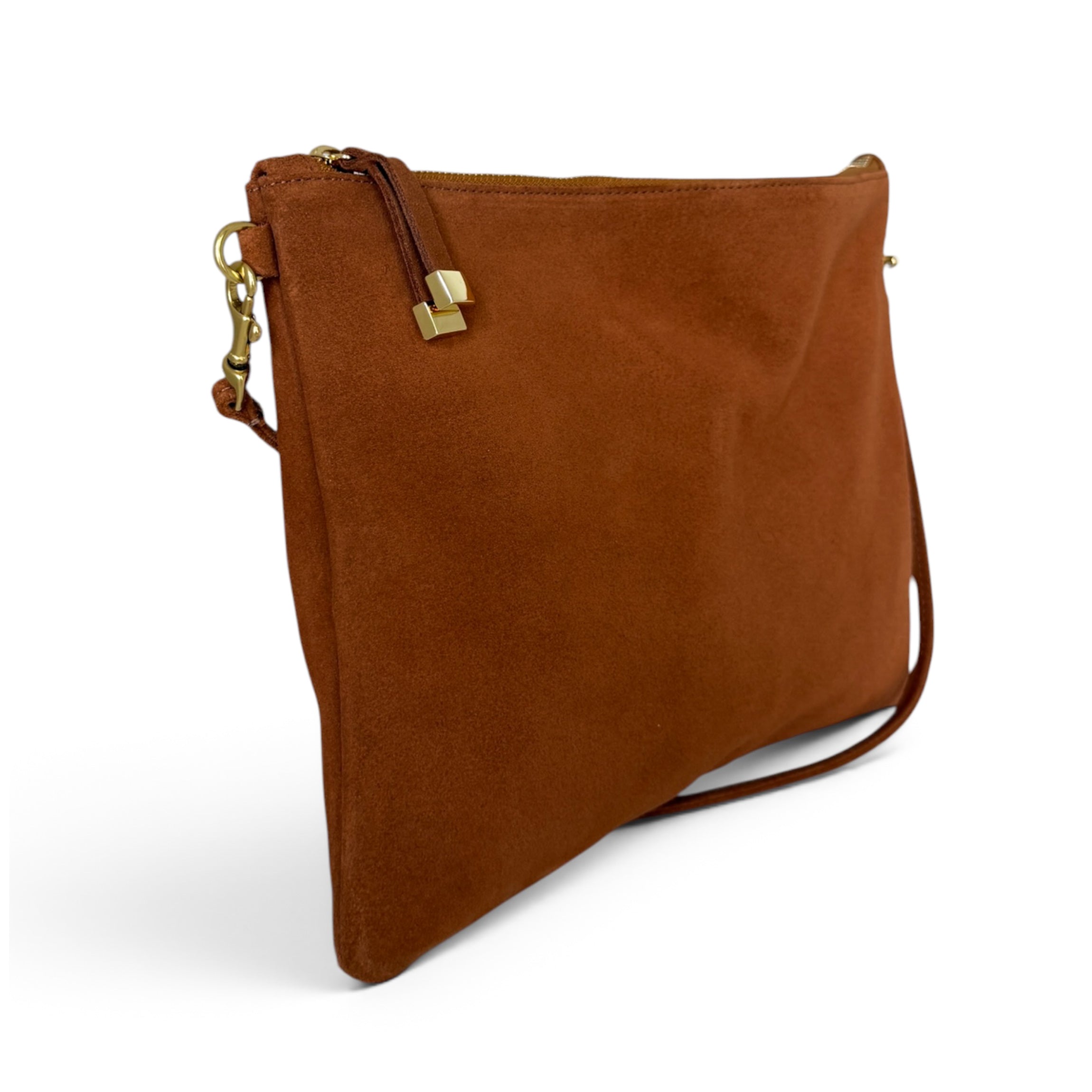 A brown suede shoulder bag with a gold-tone metal clasp and a matching brown leather strap, shown on a clean white background.