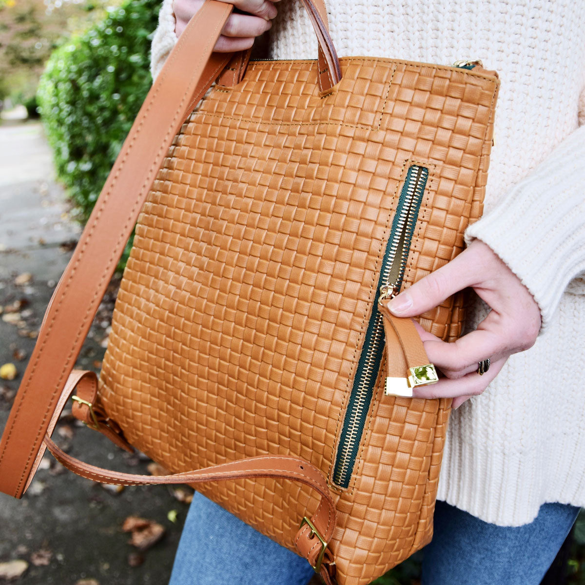 FRANNY BACKPACK | TAN WEAVE/ MOSS ZIPPER - K.Slade